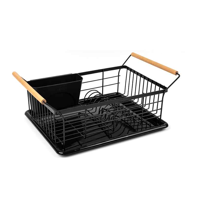 Mangkuk dan rak pengeringan pinggan dengan pemegang kayu