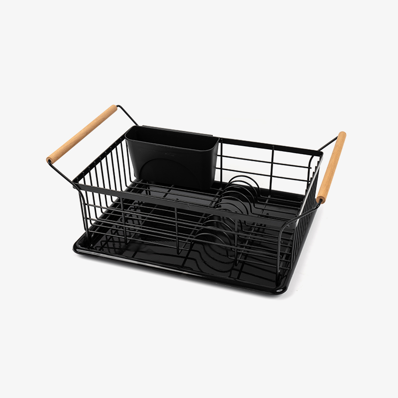 Mangkuk dan rak pengeringan pinggan dengan pemegang kayu