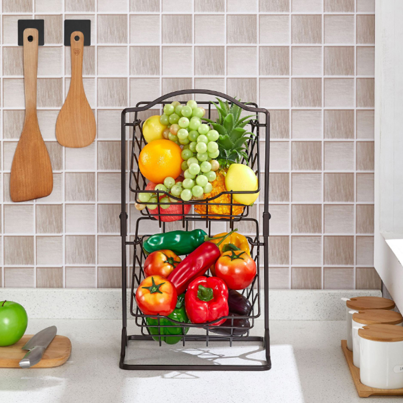 Bakul Buah Logam 2 Tingkat untuk Kaunter Dapur