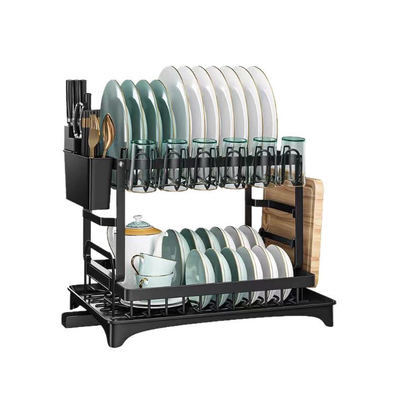 Rak Pengeringan Pinggan Pinggan Keluli Tahan Karat 2 Tingkat dengan Papan Longkang